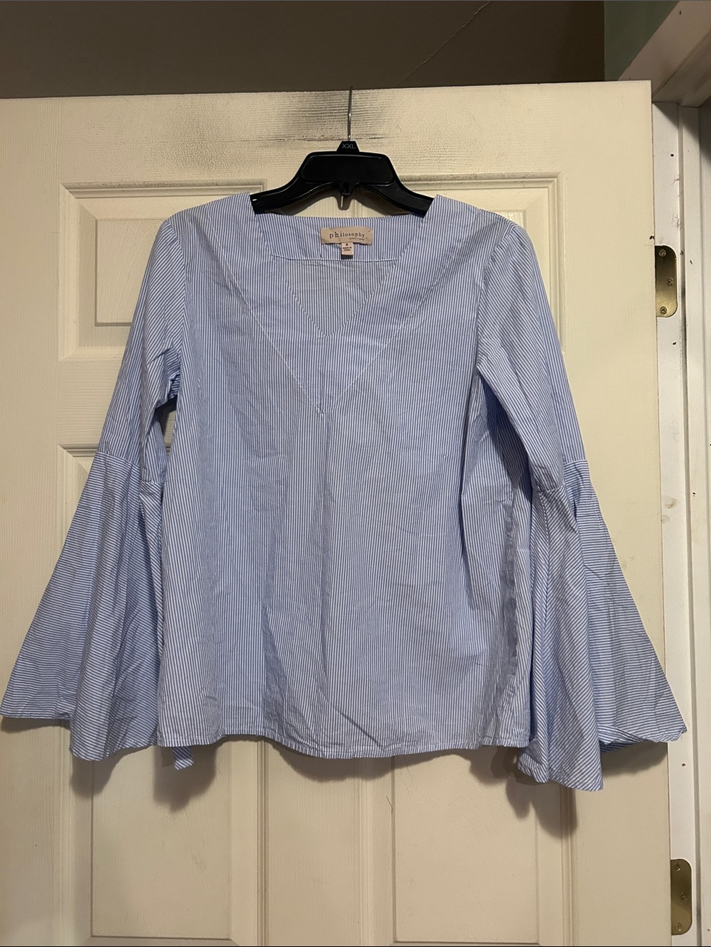 Philosophy Light Blue Pinstripe Bell Sleeve Blouse Size Small